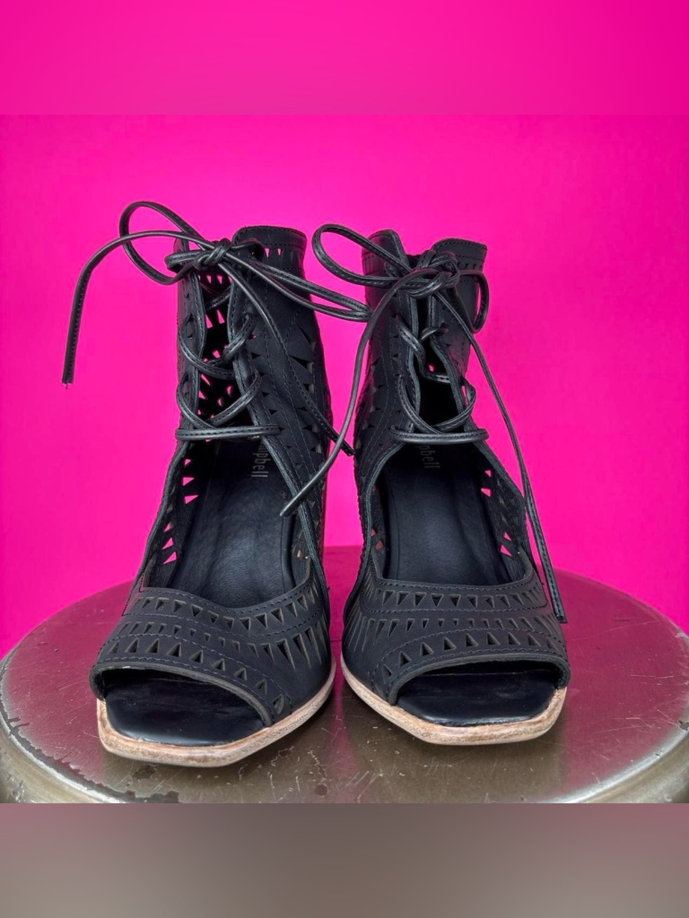 Jeffrey Campbell Rodillo-Hi Black Geometric Cutouts Wedge Lace-Up Sandal US 8.5 - Picture 2 of 8